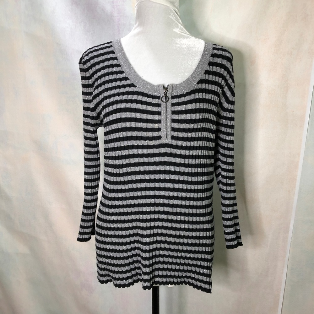 Cable & Gauge Silk Blend long sleeve top metallic ribbed sweater 1/4 zipper